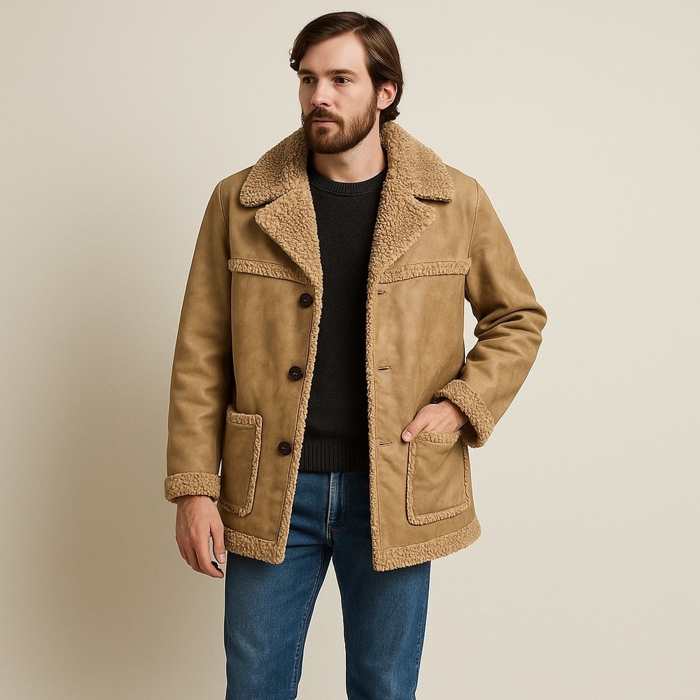 Vtg 70s Fingerhut Faux Shearling Coat Tan Suede-Look Vinyl Sherpa Lined Car Coat